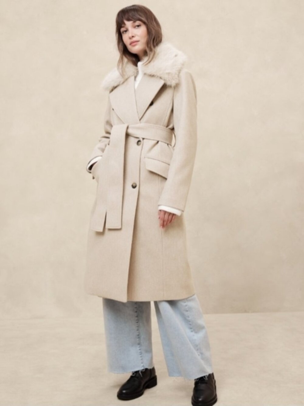 Fur Collar Tie-Waist Coat BANANA REPUBLIC SOLD OUT $300 XS
